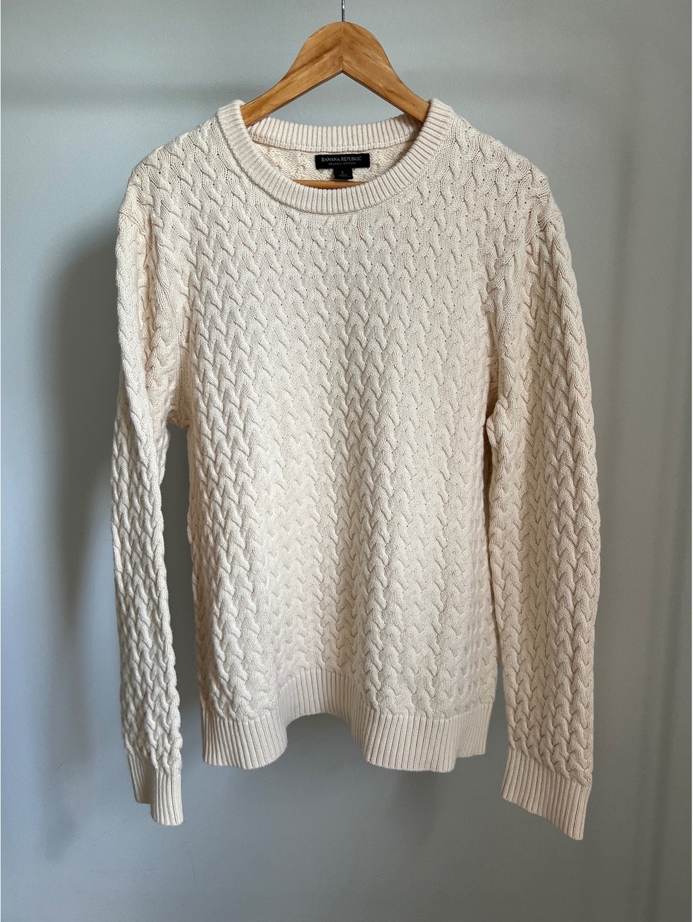 Banana Republic Men’s Large Cable Knit Sweater Organic Cotton Cream Crewneck